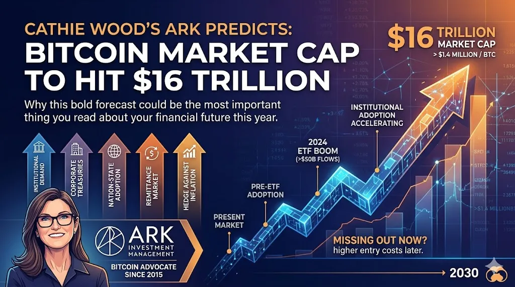 Cathie Wood's ARK Predicts Bitcoin Market Cap to Hit $16 Trillion