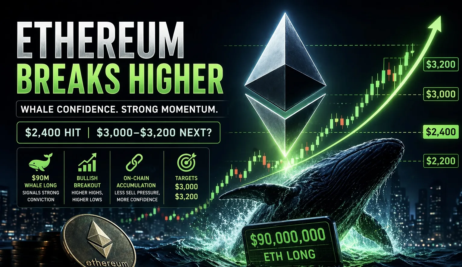 Ethereum Whale Bets $90M on Upside as ETH Targets $3,200