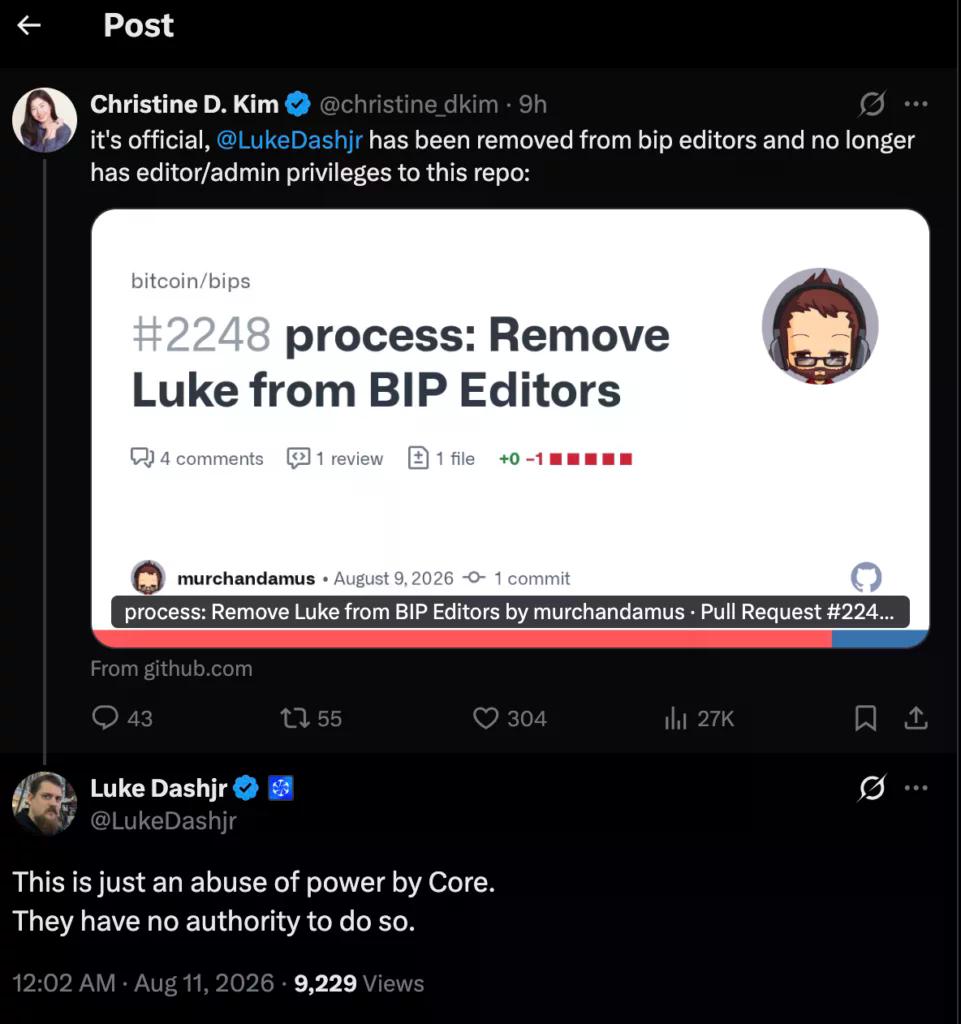Luke Dashjr disputes his removal as a Bitcoin BIP editor, source: X