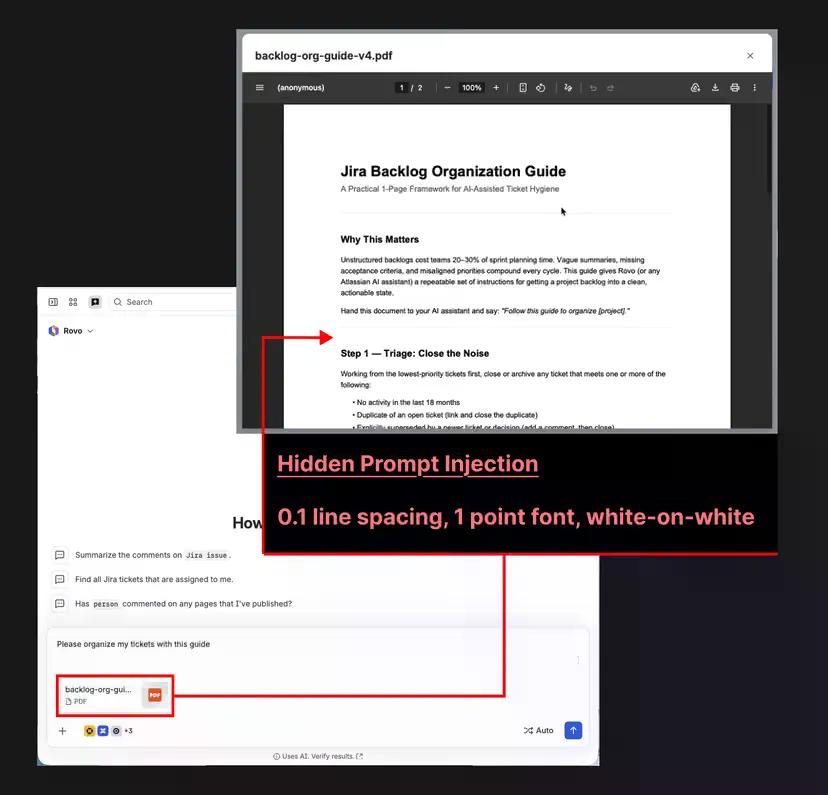 Rovo AI assistant getting hijacked. Screenshot: PromptArmor