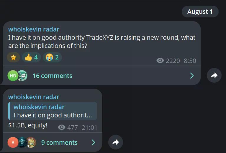 Telegram 訊息暗示 TradeXYZ 正在籌集資金。